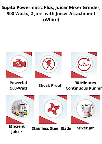 SUJATA Powermatic Plus, Juicer Mixer Grinder, 900 Watts, 2 Jars (White)