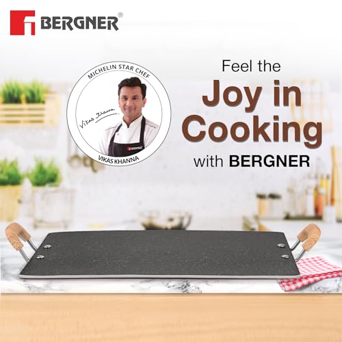 Bergner Bellini Plus Aura 5-Layer Non-Stick 30cm Pathri Tawa, Flat Rectangle Pathri Tawa with Soft Touch Wooden Finish Handle, PFOA Free, 4mm Thickness, Induction Bottom, Black