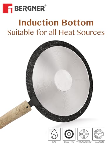 BERGNER Earth Black Non-Stick 26 cm Concave Tawa, Wooden Finish Soft Touch Handle, 3mm Thickness, Consumes Less Oil, Even Heat Distribution, White Marble Splatter, Induction Bottom and Gas Ready