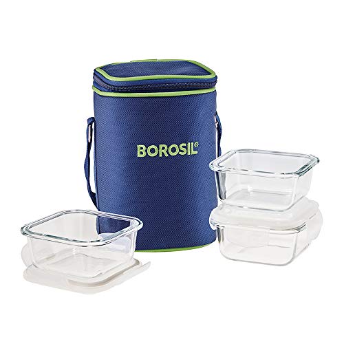 Borosil - Glass Lunch Box Set of 3, 320 ml, Microwave Safe Office Tiffin (12 x 12 x 6.5 cm, Transparent)