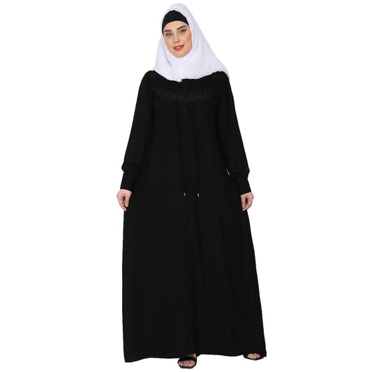 BT - Being Traditional Women’s Front Open Pleated Abaya in Nida Matte Fabric with Lace Work & Zipper Closure (2XL, Black)