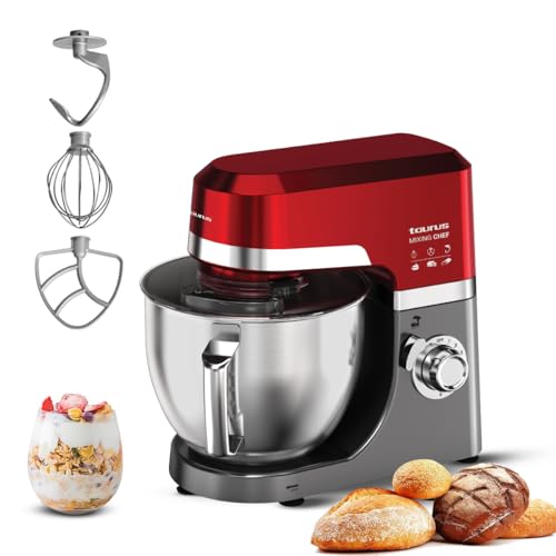 Taurus Stand Mixer 1200W with Copper Motor|5.3L SS Bowl |Metal Gear for Stability|8 Speed Setting Includes Whisking Cone, Mixing Beater,Dough Hook & Splash Guard|Dough Atta Maker Machine (Mixing Chef)