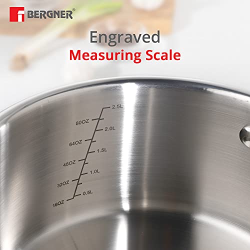 BERGNER Argent Tri-Ply Stainless Steel Casserole With Stainless Steel Lid (22 Cm, 4.1 Litres, Induction Base, Silver),Non-Stick, 4.1 Liter