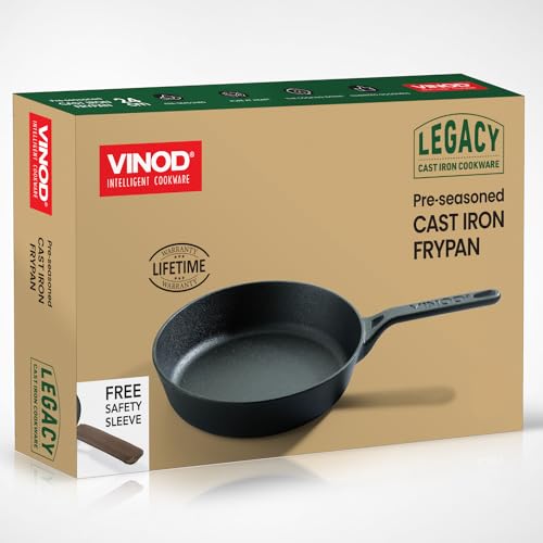 Vinod Legacy Pre-Seasoned Cast Iron Frypan of 24 cm Diameter with Tough Handle, Loha Frypan, Non Toxic, Enamel Free and Coating Free - Black, 1 Pc (Safety Sleeve Free)