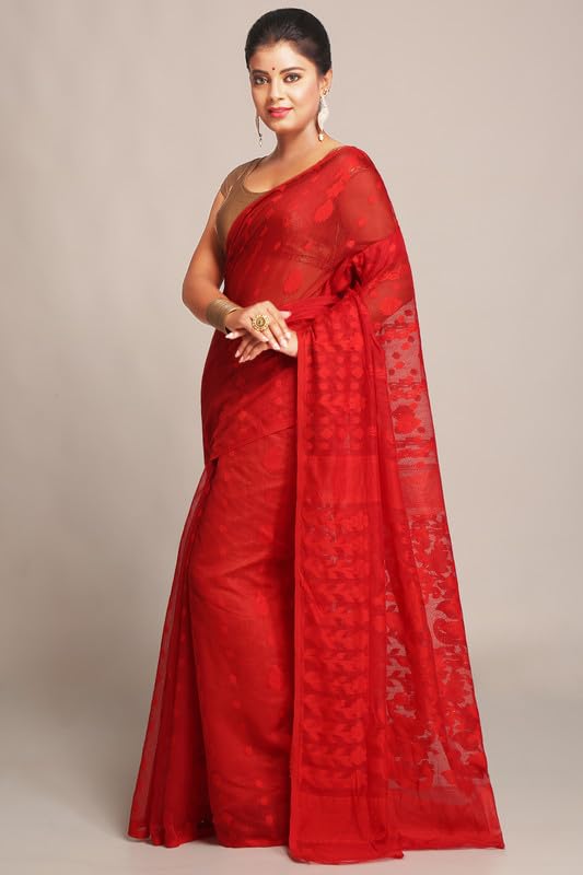 BENGAL HANDLOOM Women's Cotton Silk Dhakai Bbd1 Soft Jamdani Sarees, Red