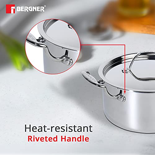 BERGNER Argent Tri-Ply Stainless Steel Casserole With Stainless Steel Lid (22 Cm, 4.1 Litres, Induction Base, Silver),Non-Stick, 4.1 Liter