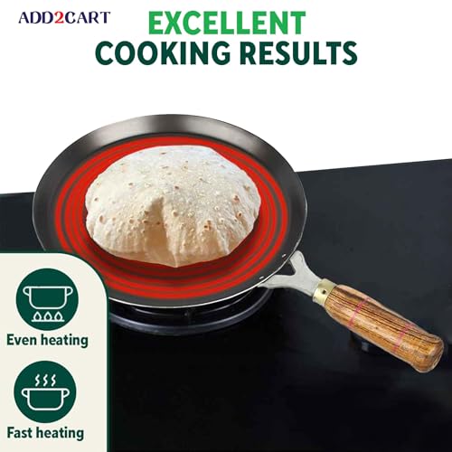 Add2cart Pre-Seasoned Iron Tawa for Dosa/Chapathi has a Wooden Handle and Measures 30.48cm/11 inch, Weighing 1.1kg. It is Induction-Friendly and 100% Pure with no Chemical Coating