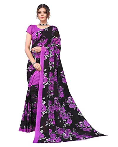 Tarshika Women's Violet Purple Floral Printed Georgette Saree with unstitched blouse piece(FLORAL VIOLET_W_Free Size)