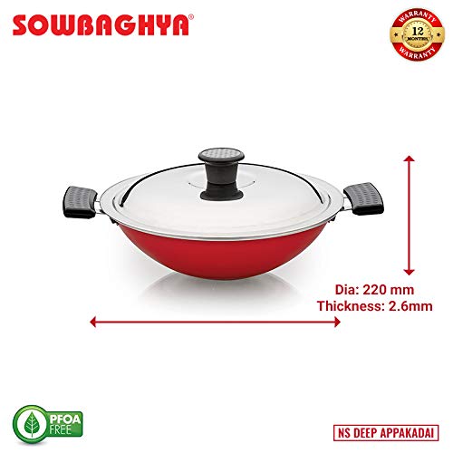 SOWBAGHYA Non Stick Aluminium Deep Appakadai - Red - Appam Maker Non Stick with Lid - Appam Chatty Non Stick - Appachatti - Appam Kadai - Ideal for Indian Cooking (Aluminium, 2.6 mm Thickness)