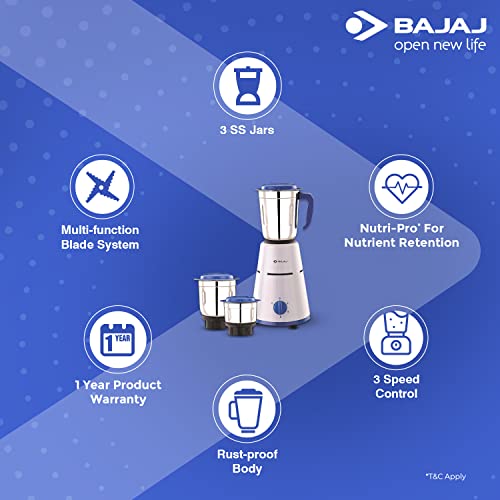 Bajaj Pluto 500W Mixer Grinder with 2 in 1 Function Blade, 3 Jars, White