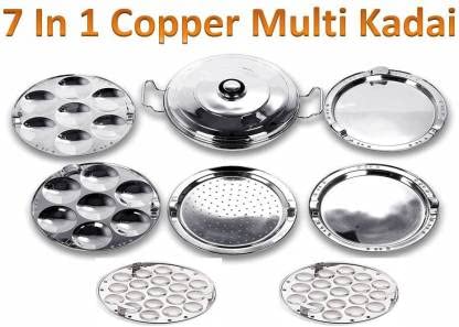Bigbought All-in-One Stainless Steel Idli Cooker Kadai Steamer with Copper Bottom, Big Size with 7 Plates 2Idli 2 Dhokla 1 Patra 2 Mini idli plate Induction & Standard Idli Maker (7 Plates,14 Idlis)