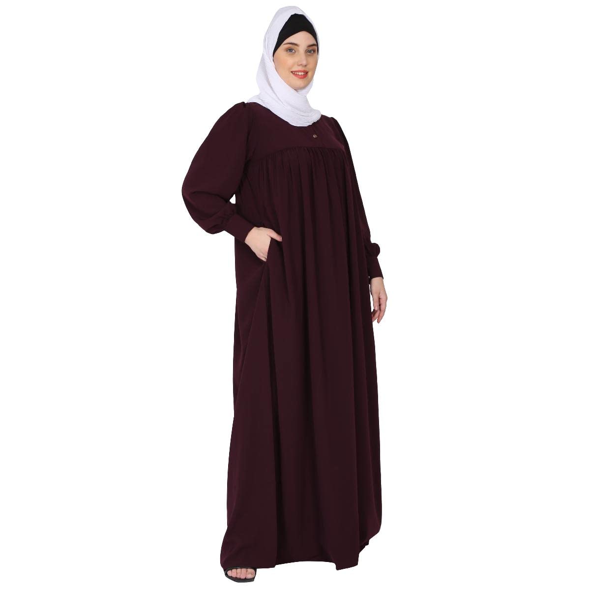 BT - Being Traditional Women’s Pleated Abaya Made in Nida Matte Fabric with Cuff Sleeves (2XL, Burgundy)