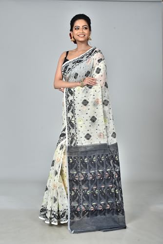 Saree Niketan Bengal Traditional Women's Cotton Silk Soft Jamdani Saree - Without Blouse Piece, White & Black