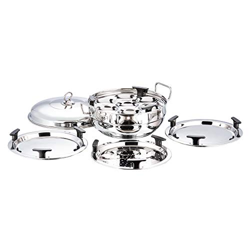 Vinod Stainless Steel 6 pcs Multi Kadai with Stainless Steel Lid, 2 Idli Plates, 2 Dhokla Plates and 1 Patra Plate - Silver (Induction and Gas Stove Friendly), 2 Years Warranty