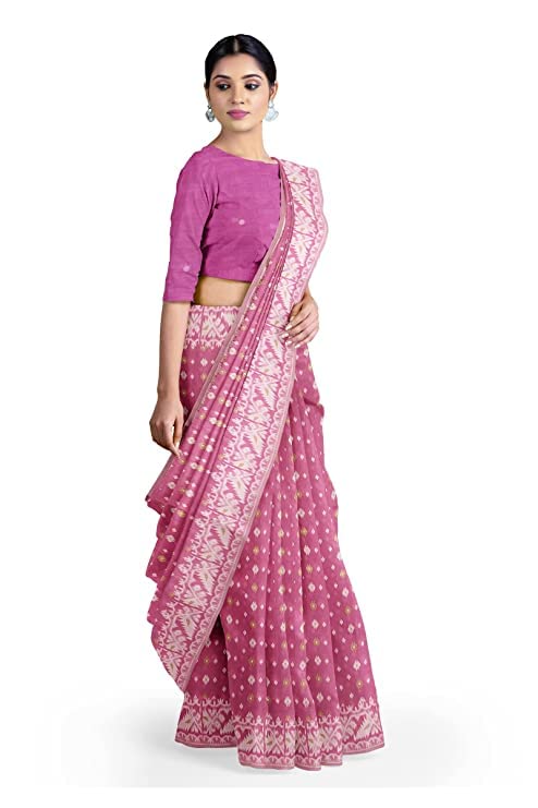 Anchol Saree Women's Traditional Bengal Cotton Silk Jamdani Saree. (Deep Pink)