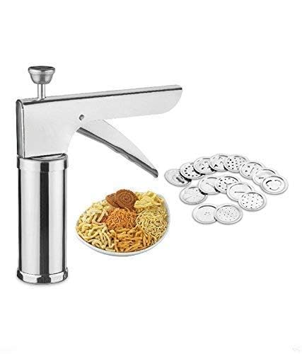 AMENDAS Chakali/Sev Sancha Stainless Steel, Kitchen Press with 15 Different Types of Jalies for Murukku Maker/Bhujiya Maker/Cookies/Namkeen/Noodles/Farsan Maker/Gathiya Maker