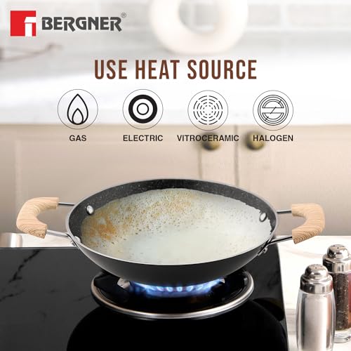 Bergner Bellini Plus Aura 5-Layer Non-Stick 20 cm Appachetty with Stainless Steel Lid, Wooden Finish Soft Touch Handle, Even Heat Distribution, PFOA Free, Gas Stove Compatible - Black