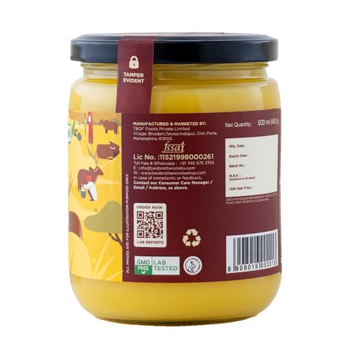 TWO BROTHERS ORGANIC FARMS - A2 Ghee (500 Ml) | Cultured Cow Desi Ghee | Curd-Churned Bilona Ghee | Pure, Natural, And Healthy | Grass-Fed A2 Gir Cow Ghee