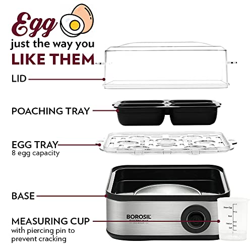 Borosil Electric Egg Boiler, 8 Egg Capacity, For Hard, Soft, Medium Boiled Eggs, Steamed Vegetables, Transparent Lid, Stainless Steel Exterior (500 Watts)