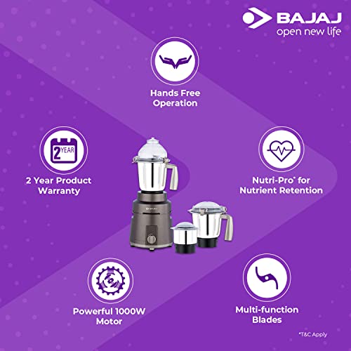 Bajaj Herculo Mixer Grinder 1000W| 100% Copper Motor Mixie For Kitchen|3 Stainless Steel Jars|Portable & Lightweight Mixer|Hands-Free Operation| Multifunctional Blades|2-Yr Warranty By Bajaj|Brown