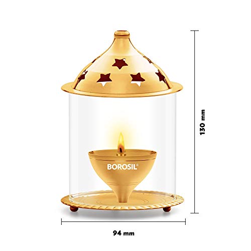Borosil Akhand Diya Decorative Brass Glass Oil Lamp | Tea Light Holder | Diya with Borosilicate Glass | Puja Dia for Mandir | Lantern Diya with Glass Cover | Medium Size