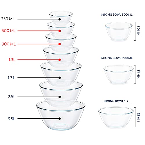 Borosil Glass Serving & Mixing Bowls with Lids, Oven & Microwave Safe Bowls, Set of 3 (500 ml + 900 ml + 1.3 L), Borosilicate Glass, Clear