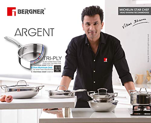 BERGNER Argent Tri-Ply Stainless Steel Casserole With Stainless Steel Lid (22 Cm, 4.1 Litres, Induction Base, Silver),Non-Stick, 4.1 Liter