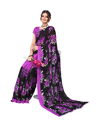 Tarshika Women's Violet Purple Floral Printed Georgette Saree with unstitched blouse piece(FLORAL VIOLET_W_Free Size)