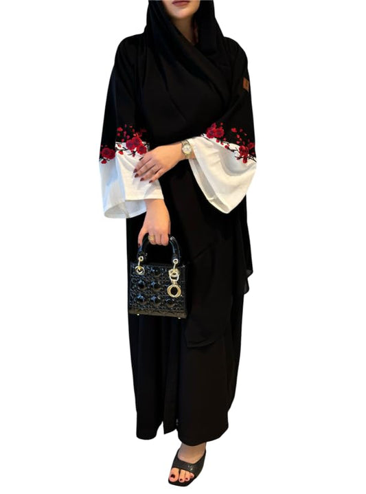Women's Black Embroidered Burqa, Floral Design free size suitable up to 65kg body weight