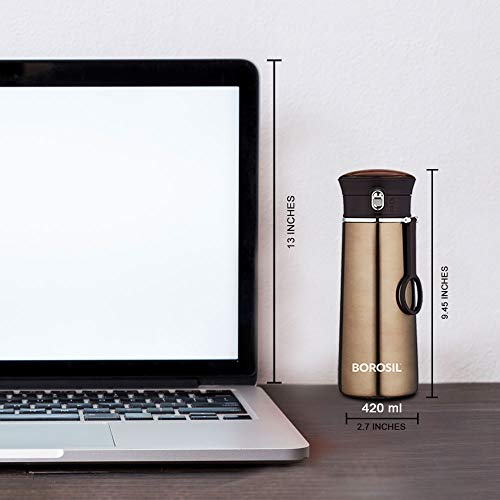 Borosil - Stainless Steel Hydra Travelease - Vacuum Insulated Flask Water Bottle, 420 ML, Brown