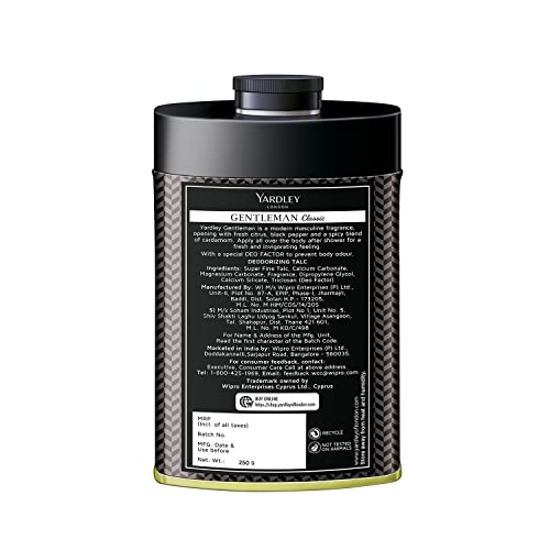 4x Yardley London Gentleman Classic Deodorizing Talc| Fresh Woody Scent| Masculine Fragrance| Deodorizing Body Talc for Men| 250g - Pack of 4