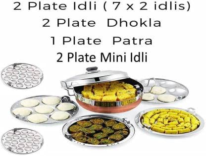 Bigbought All-in-One Stainless Steel Idli Cooker Kadai Steamer with Copper Bottom, Big Size with 7 Plates 2Idli 2 Dhokla 1 Patra 2 Mini idli plate Induction & Standard Idli Maker (7 Plates,14 Idlis)