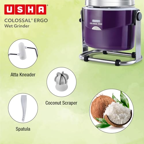 USHA Colossal Ergo Easy-Tilt Wet Grinder| 2L, 150W, 100% Copper Motor with Dual Flow Breaker, Stainless Steel Drum and Accessories| 10 Year Motor Warranty (Magenta)