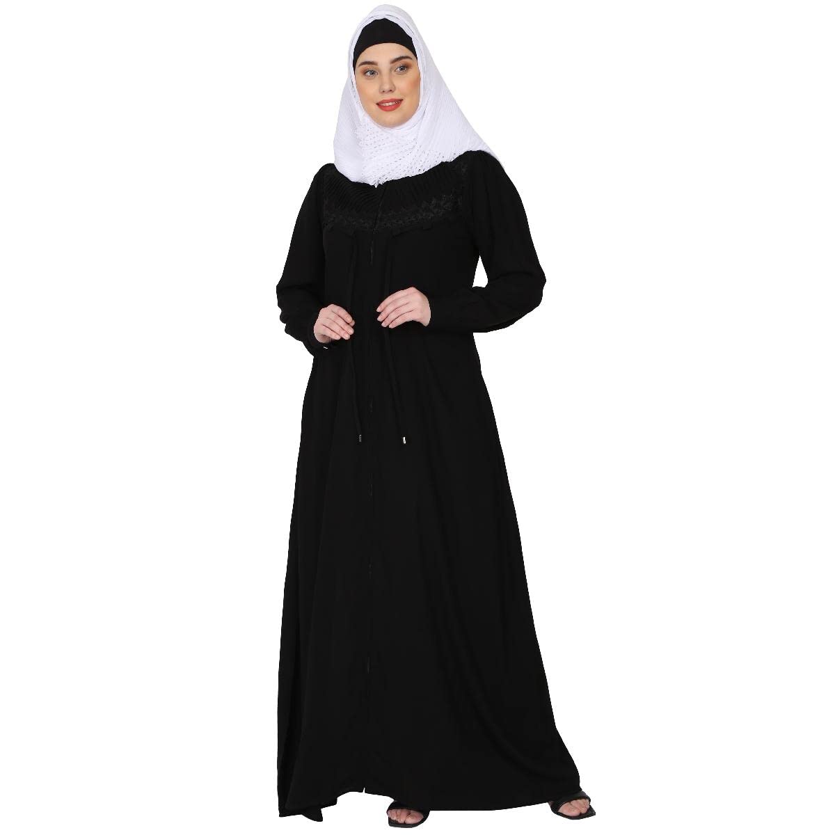 BT - Being Traditional Women’s Front Open Pleated Abaya in Nida Matte Fabric with Lace Work & Zipper Closure (2XL, Black)