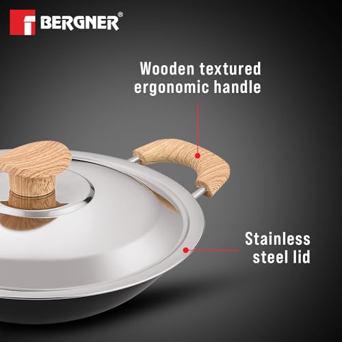 Bergner Bellini Plus Aura 5-Layer Non-Stick 20 cm Appachetty with Stainless Steel Lid, Wooden Finish Soft Touch Handle, Even Heat Distribution, PFOA Free, Gas Stove Compatible - Black