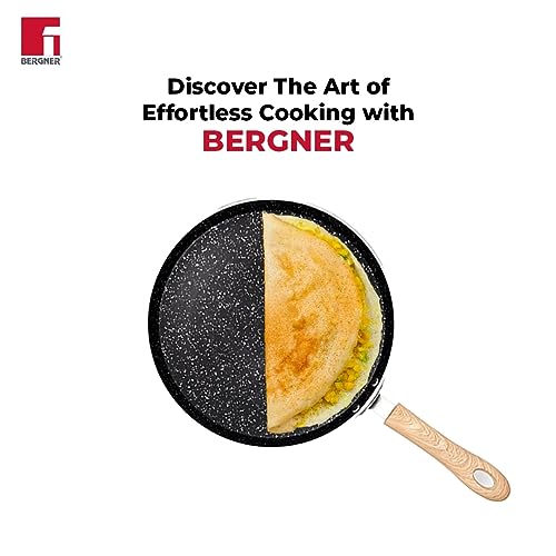 Bergner Bellini Plus Aura 5-Layer Non-Stick 28 cm Dosa Tawa, Soft Touch Wooden Finish Handle, Food Safe, PFOA Free, Even Heat Distribution, 4mm Thickness, Induction Bottom, 1-Year Warranty - Black