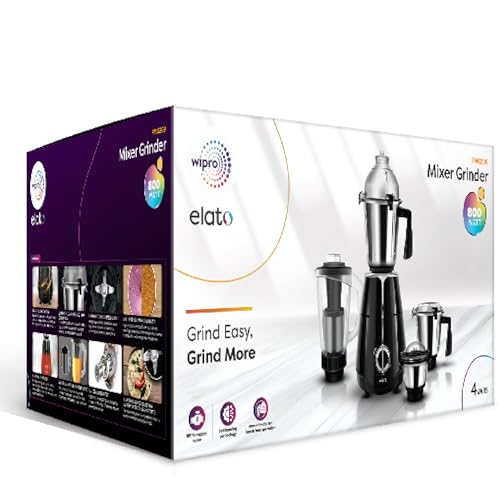 Wipro Elato FMG209 800 Watt Mixer Grinder with 4 Jars,Heavy Duty 100% Copper Ball Bearing Motor with 5 Year Warranty,Superfast Grinding,Clip Lids - Hands Free use, 4 Jars Mixer Grinder 800 Watt,Black