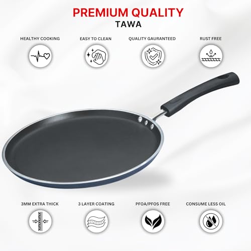 Vinod Zest Aluminium Non Stick Dosa Omni Tawa - 25cm | 3mm Extra Thick | 3 Layer Ceramic Coat | Bakelite Handle | Toxin Free | Gas Base - 1 Year Warranty