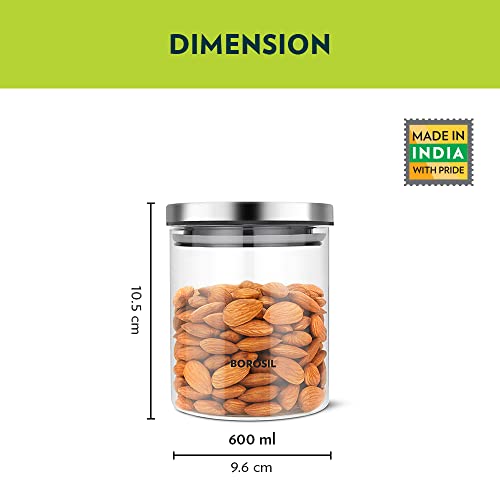 Borosil Classic Glass Jar, Air-Tight Storage Container For Kitchen, Glass Jar For Storing Spices, Snacks, Grains, Dals, Set of 2 (600 ml each), Clear
