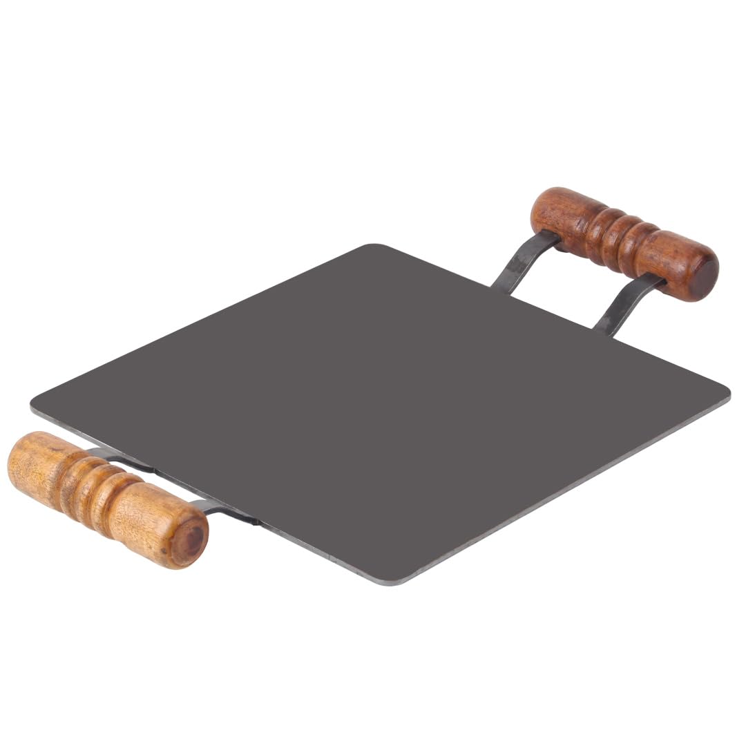 The Indus Valley Pre-Seasoned Square Iron Tawa with Wooden Handle | 30 cm/11.8 inch, 3.26kg | Induction Friendly | Pre-Seasoned Tawa, 100% Pure & Toxin-Free, No Chemical Coating