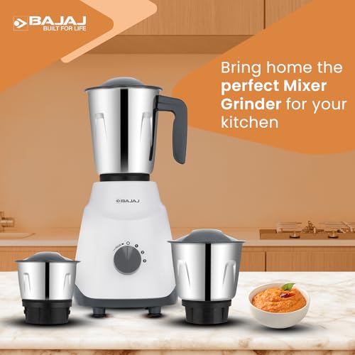 Bajaj Ninja Series Contempo Mixer Grinder 500W|3 Stainless Steel Mixer Jar|DuraCut® Blades by Bajaj|Mixie For Kitchen with 2-in-1 function blade| Pulse Mode| 2-Yr Warranty by Bajaj| Grey