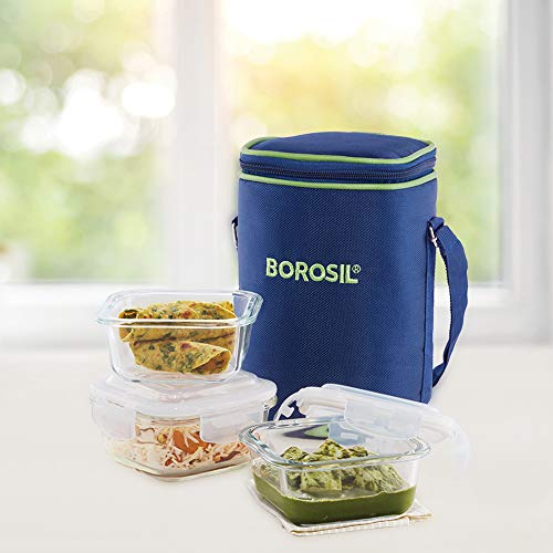Borosil - Glass Lunch Box Set of 3, 320 ml, Microwave Safe Office Tiffin (12 x 12 x 6.5 cm, Transparent)