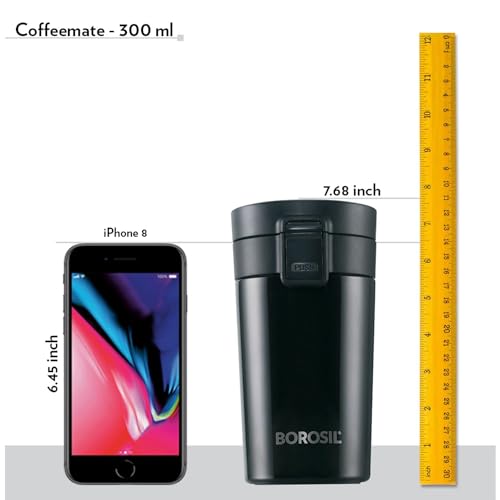 Borosil Coffeemate Insulated Mug, Vacuum Insulated Travel Coffee Mug with Lid, 8 Hours Hot and 14 Hours Cold, 300 ml (Stainless Steel)
