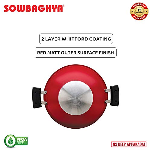 SOWBAGHYA Non Stick Aluminium Deep Appakadai - Red - Appam Maker Non Stick with Lid - Appam Chatty Non Stick - Appachatti - Appam Kadai - Ideal for Indian Cooking (Aluminium, 2.6 mm Thickness)