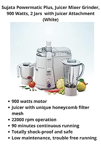 SUJATA Powermatic Plus, Juicer Mixer Grinder, 900 Watts, 2 Jars (White)