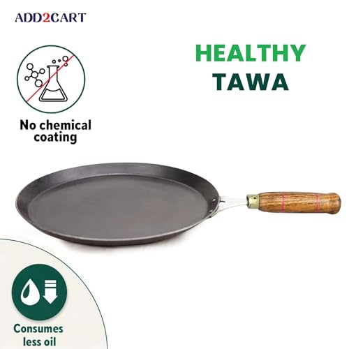 Add2cart Pre-Seasoned Iron Tawa for Dosa/Chapathi has a Wooden Handle and Measures 30.48cm/11 inch, Weighing 1.1kg. It is Induction-Friendly and 100% Pure with no Chemical Coating