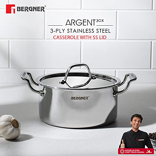 BERGNER Argent Tri-Ply Stainless Steel Casserole With Stainless Steel Lid (22 Cm, 4.1 Litres, Induction Base, Silver),Non-Stick, 4.1 Liter