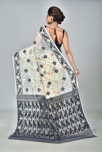 Saree Niketan Bengal Traditional Women's Cotton Silk Soft Jamdani Saree - Without Blouse Piece, White & Black