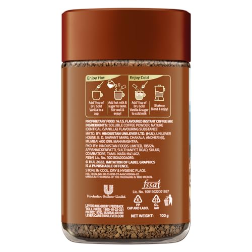 Bru Gold Vanilla 100gram | Premium Freeze Dried Coffee | Aromatic Flavoured Instant Coffee | Makes 80 cups |Powder|Jar