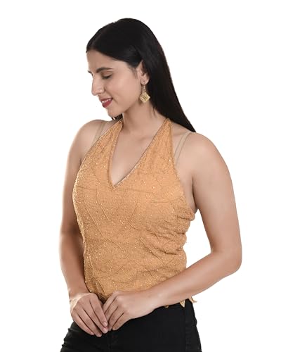 Women's Net Poncho Head Embroidered New Halter Neck Back Less Tops Blosue For Girls Tops For Sari (IN, Alpha, Free Size, Regular, Beige)